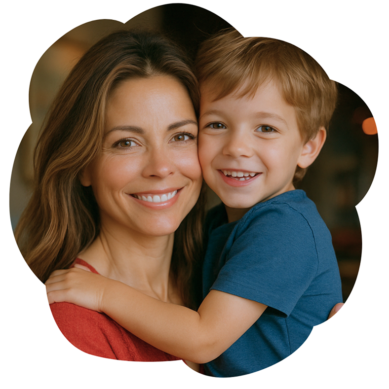 Mother hugging child, calm scene