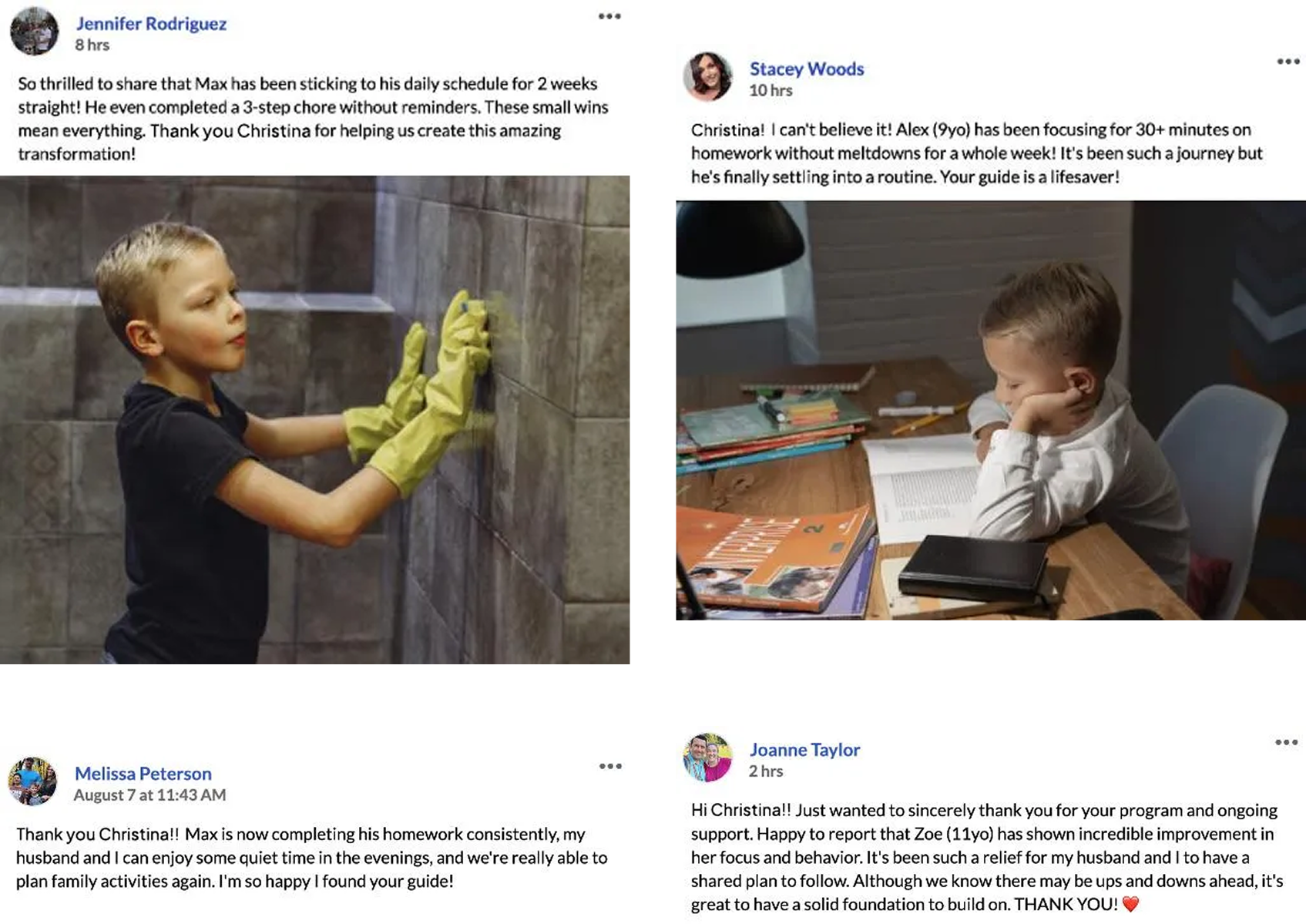 Testimonials from parents showing children concentrating